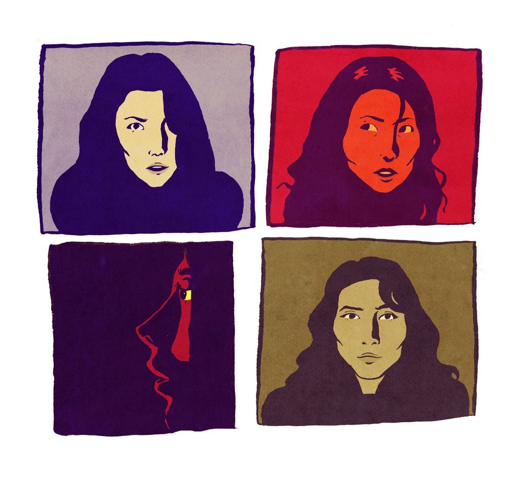 Quatre portraits d'une femme aux longs cheveux noirs avec des expressions différentes.