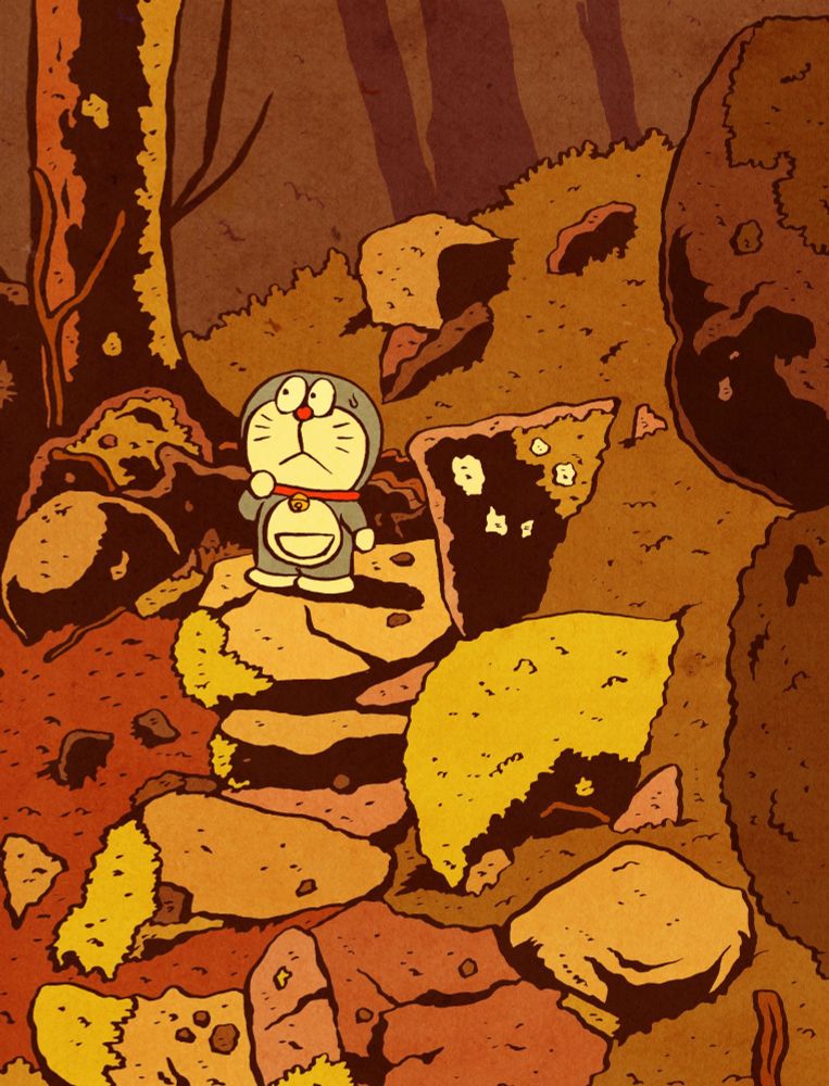 Un chat bleu cartoonesque avec un collier rouge semble perdu dans une forêt remplie de buissons, de rochers et d'arbres.