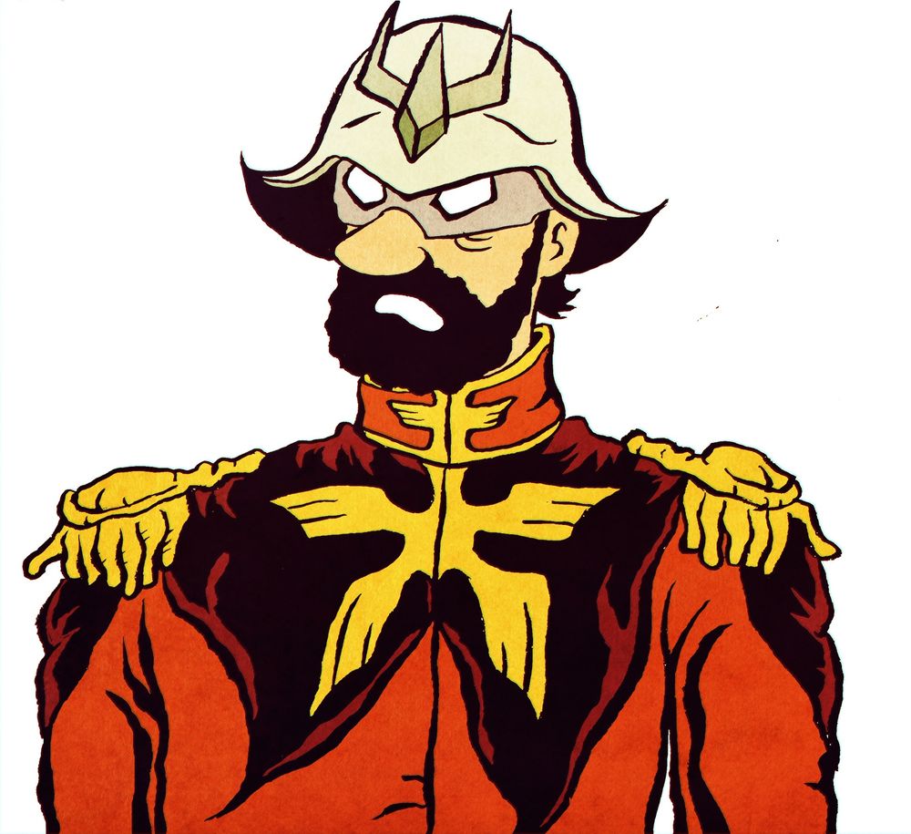 Portrait d'un homme barbu avec un casque en métal et un uniforme militaire rouge.