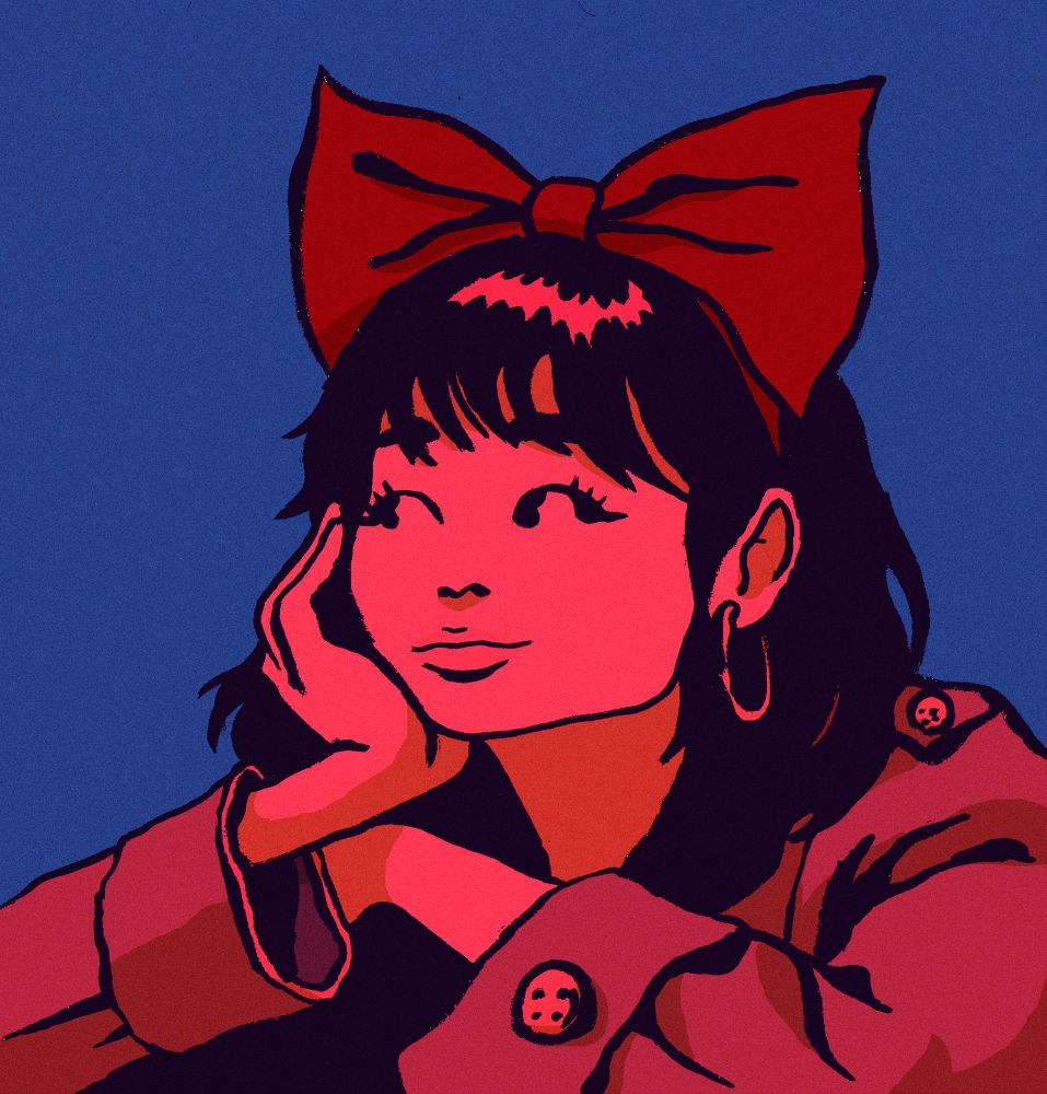 Une jeune femme accoudée à quelque chose porte un gros nœud papillon rouge sur la tête, des boucles d'oreilles en forme d'anneaux et une veste avec des gros boutons.