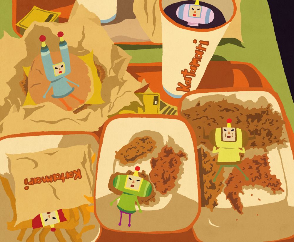 Des petits personnages se trouvent sur un plateau de fast food rempli de morceaux de poulet frit, de frites avec un hamburger et un soda.