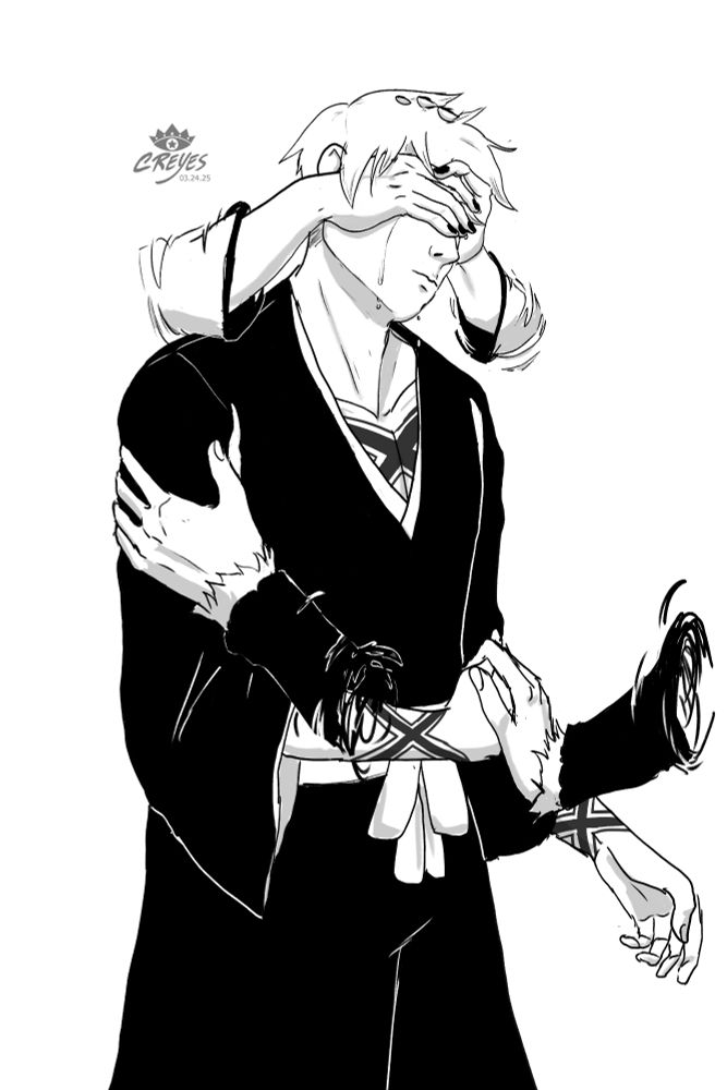 Ichigo standing as the spectral hands of Hollow Zangestu cover his crying eyes and Zangestu Ossan hold his arm and hand