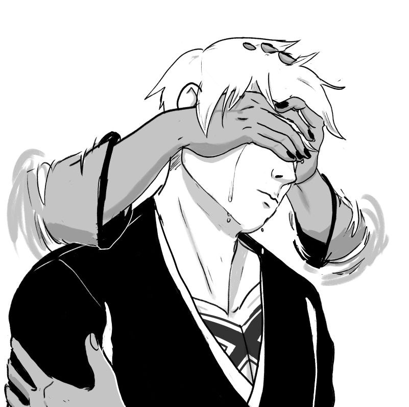 A zoom-in (bust up) of Ichigo. Tears slip down his face as Hollow Zangestu's hands cover his eyes. Hollow Zangestu's spectral hands are tinted gray