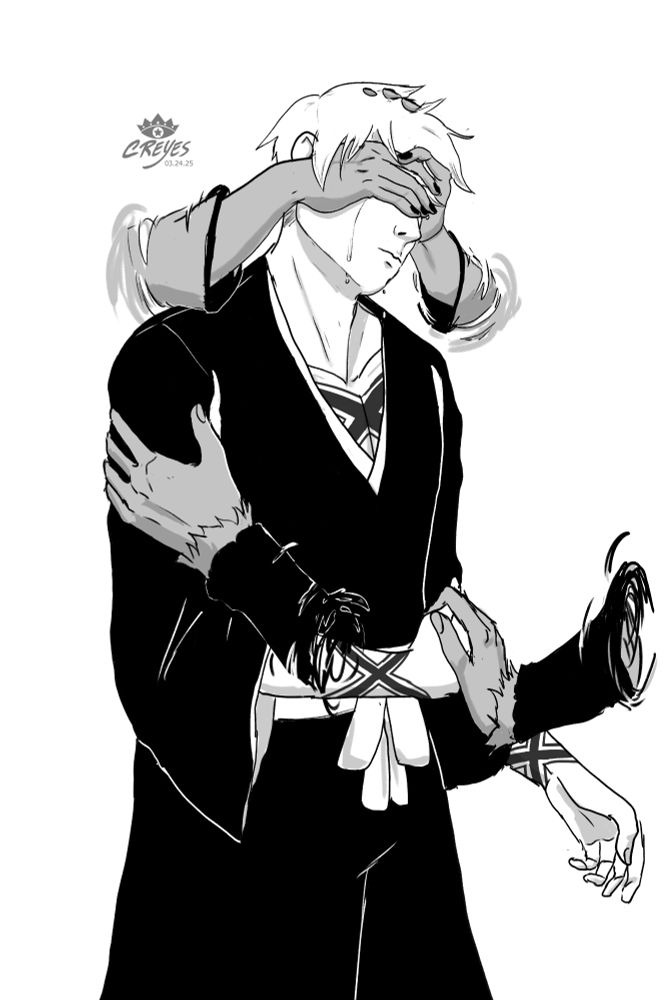 Ichigo standing as the spectral hands of Hollow Zangestu cover his crying eyes and Zangestu Ossan hold his arm and hand. Hollow Zangestu's and Zangestu Ossan's hands are tinted gray