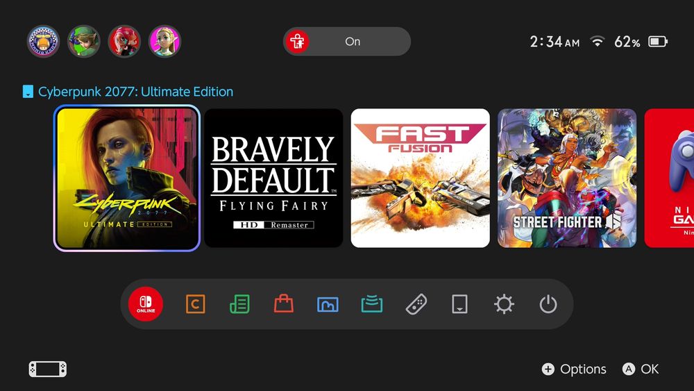 Screenshot from Switch 2 showing a number of game tiles. One of them is Cuberpunk 2077 Ultimate Edition. 