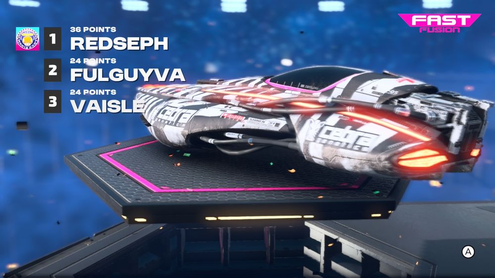 Screenshot from Fast Fusion, a Nintendo Switch 2 exclusive launch game. Shows a futuristic racing vehicle with the top 3 race finishers names on the left, listed in order. Your truly is at the top, natch