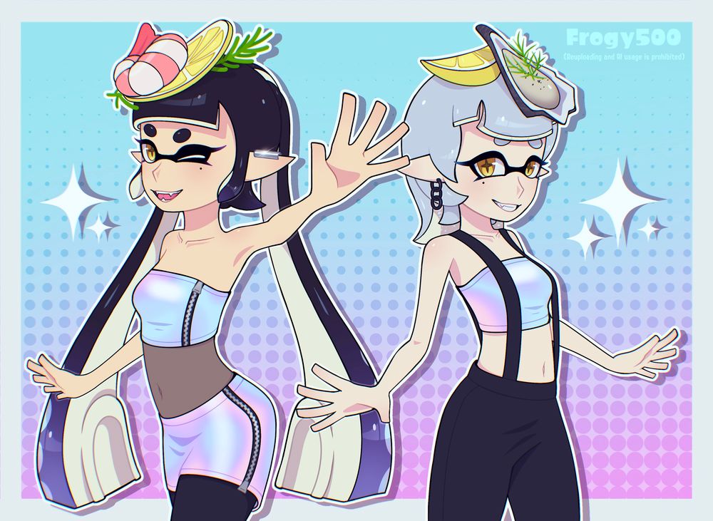 Halfbody artwork of the Squid Sisters in their Summer Nights outfits. Callie is sticking her left arm out towards the viewer while winking and with her mouth open, while Marie is standing there with both her arms in a lower position sticking out. She has a grin on her face and is looking at the viewer as well. The background is light gray with a pastel blue square with a pastel magenta gradient and a halftone effect on top of it. There are also five sparkles in the image as well, two by Callie and three by Marie. 

This is actually my first time drawing the Squid Sisters in these outfits too, it was a lot of fun making this art! 💜🩵✨
