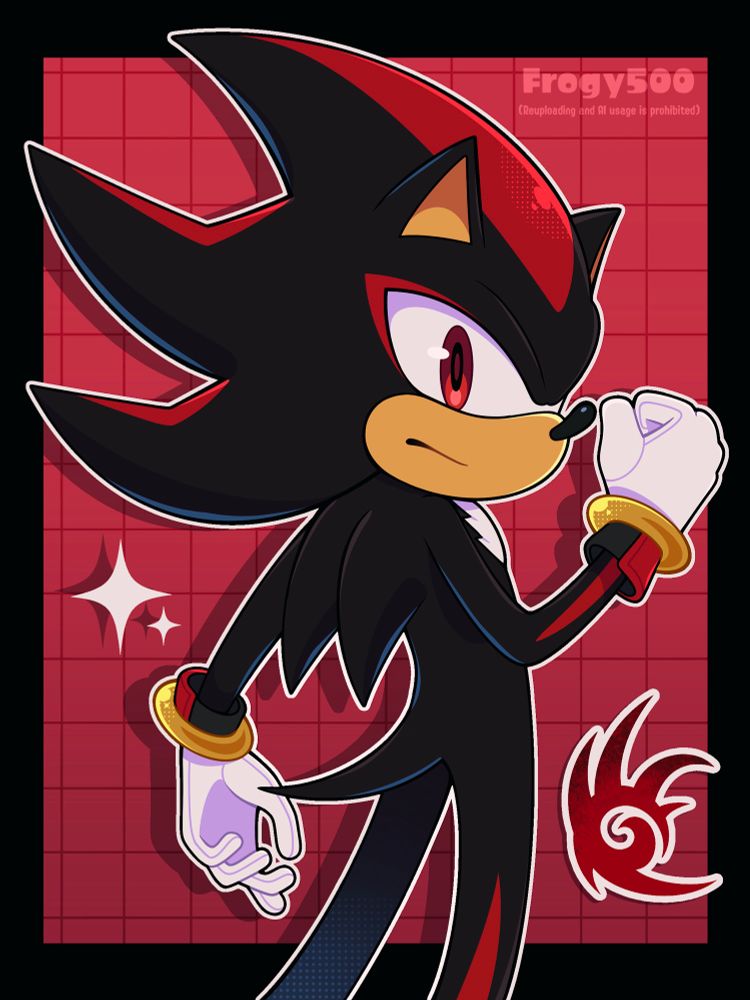 Halfbody artwork of Shadow the Hedgehog in a more vibrant style, he’s got his back turned and is looking back at the viewer with one fist clenched up. There is also a sticker of his logo pasted on top of the image as well in the bottom right corner. 
