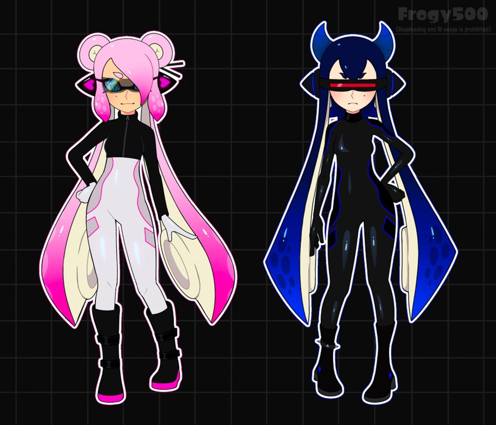 Colored sketch fullbodies of my idol OCs, the Tidal Queens in their hero mode outfits. Megu is the pink one, while Izumi is the blue one. Both of them are on a black background with a grid effect. 