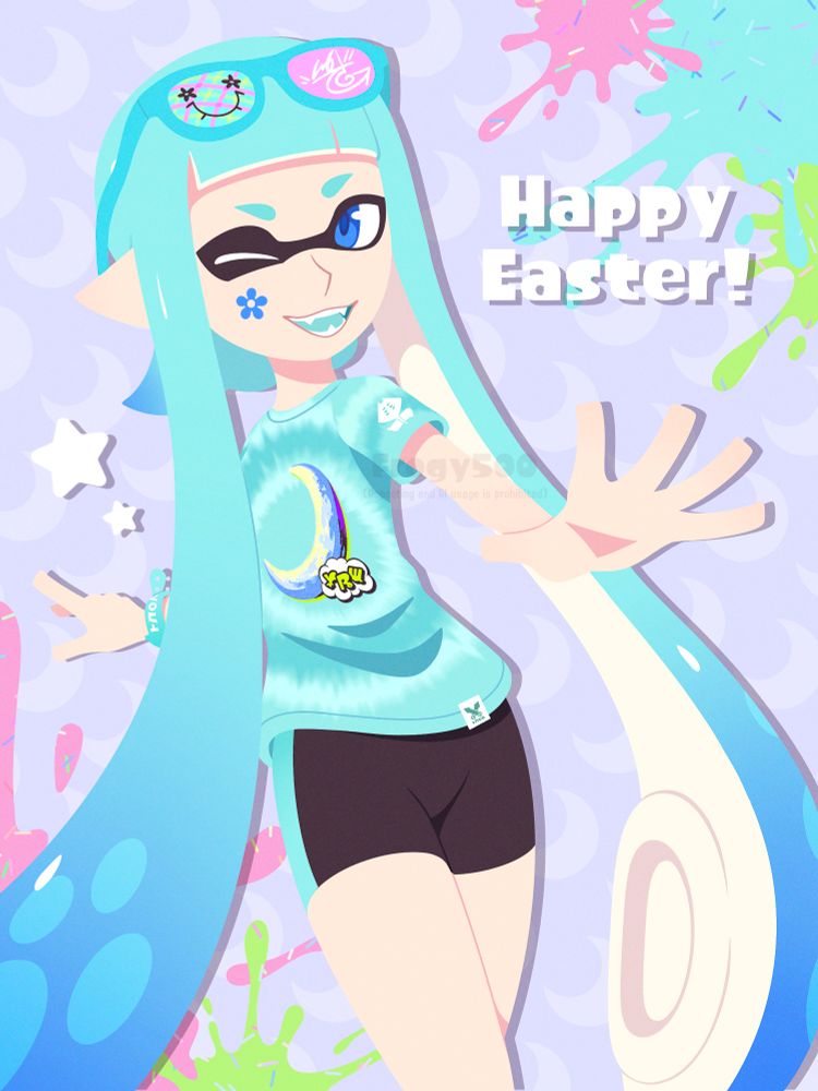 Lineless halfbody artwork of my OC Frogy with her SpringFest look from this year for Team Night. The drawing features a more pastel color palette to fit the Easter vibe. There are also three different ink splat colors with sprinkles on them based on SpringFest’s respective ink colors. There’s also a crescent pattern for the background too to symbolize Team Night. 

This is practically a late SpringFest drawing for this year if you think about it lol, which was kinda the intent tbh. 