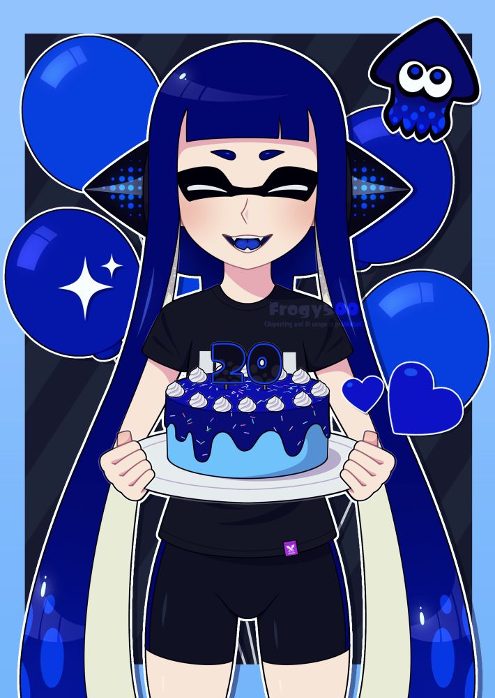 Artwork of my main OC, Frogy smiling wide and holding a birthday cake with the number 20 on it to indicate me turning 20 today! There are also a few blue balloons behind her as well as some stickers overlaid on top of the drawing, such as a squid symbol of her and a couple blue hearts 