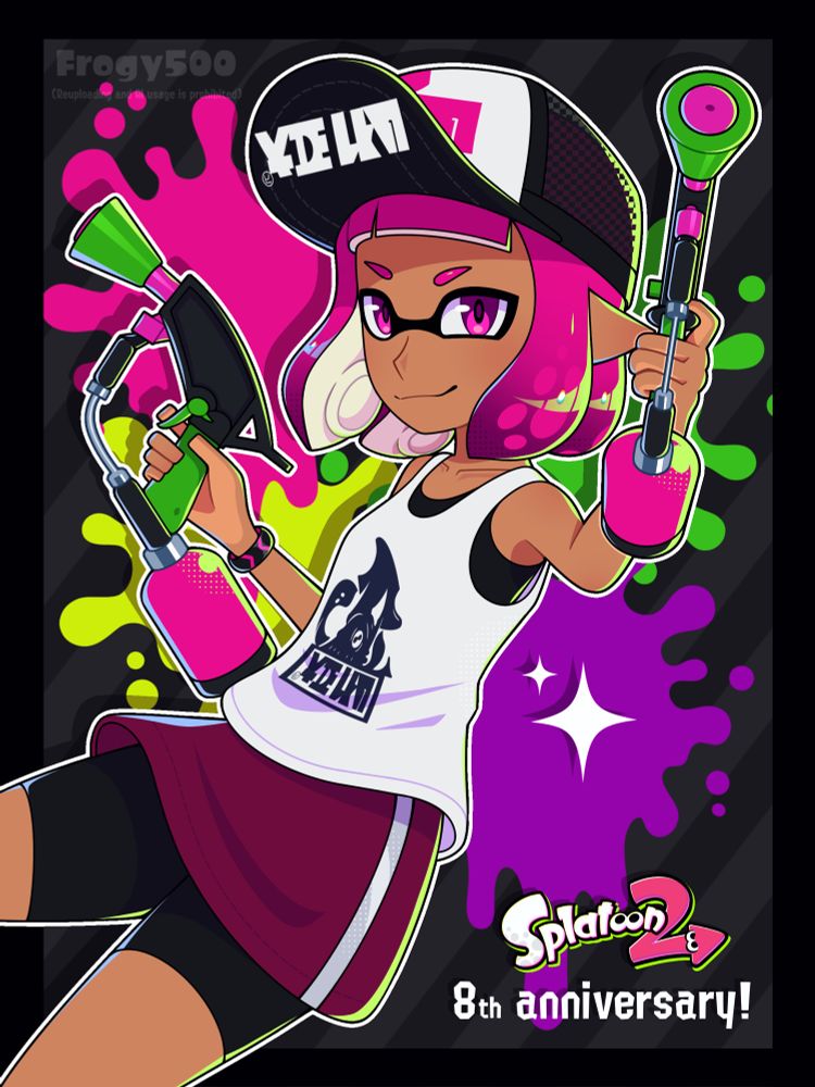 Vibrant cel-shaded halfbody art of the main Splatoon 2 inkling girl, Surume. She is in a dynamic pose where she’s holding two Splat Dualies while leaning backwards slightly. This pose is to resemble as if she were in the heat of a battle. There are also two sparkles on her right side to make the drawing pop more. The background of this drawing is a dark gray square on top of a black background with stripes on it like the Splatoon 2 official 2D artwork and with four different colored splats behind her. There’s a pink one, a green one, a neon yellow one, and a purple one. In the bottom right corner, it says “Splatoon 2 8th anniversary!” The “Splatoon 2” is actually the logo for the game as well. 

I’m sorry that I am 2 days late for this, the anniversary was on the 21st, but I did my very best to! Anyway, happy 8th anniversary to Splatoon 2!! 🩷💚