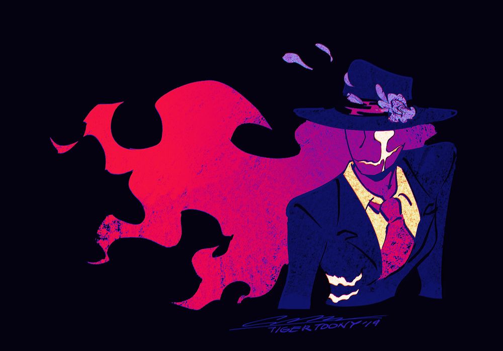 Digital artwork of a red humanoid monster with wispy hair wearing a black suit and fedora, the hat is adorned with a single blue rose. Her face only slows one glowing drippy eyes and mouth. 