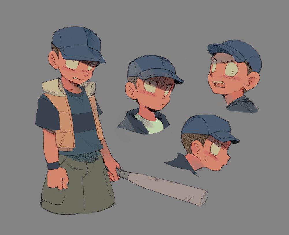 Various digital colored sketches of Maxwell Puckett from comic Paranatural. Max is a brunette 12 year boy wearing a baseball cap. In the first sketch is knees up sketch where hes holding his iconic metal bat. The other sketches are three busts. 1. Nervous but irritated expression. 2. A upset and mouth open. 3. A concerned but determined profile view.