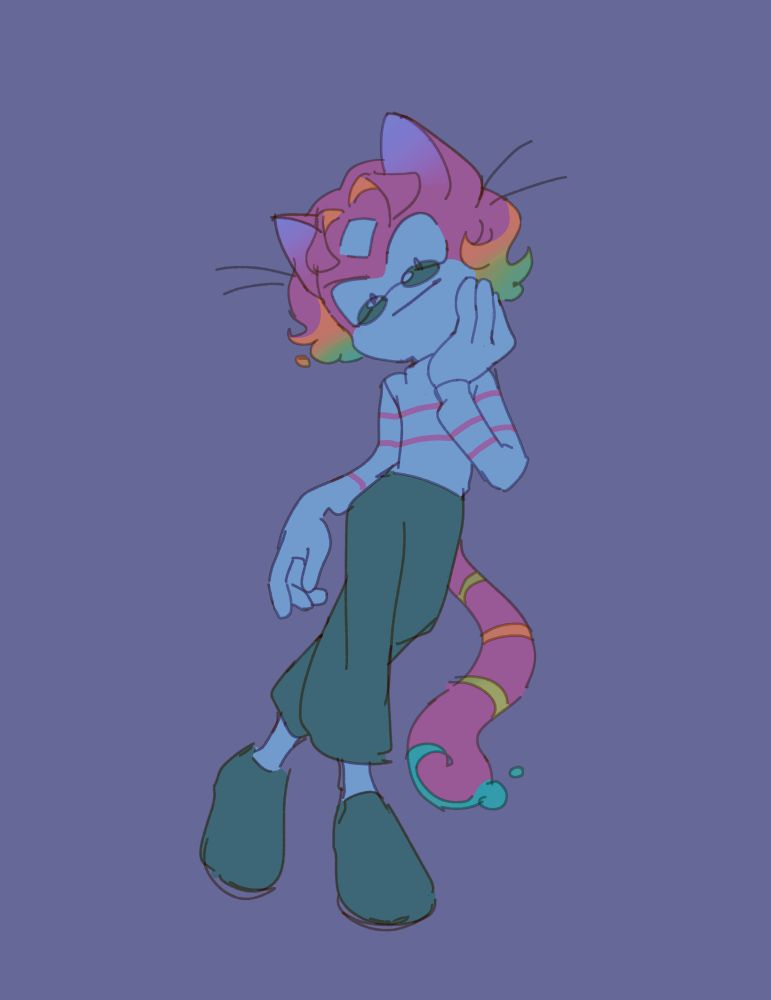 Doodle of tigertoony's sona; a cat-like space person. They're standing relaxing, leaning a hand on their face. He's wearing a striped turtle neck sweater, black pants and shoes. They're hair style is different from usual, and their colors lean more magenta purple than the typical blue tones.