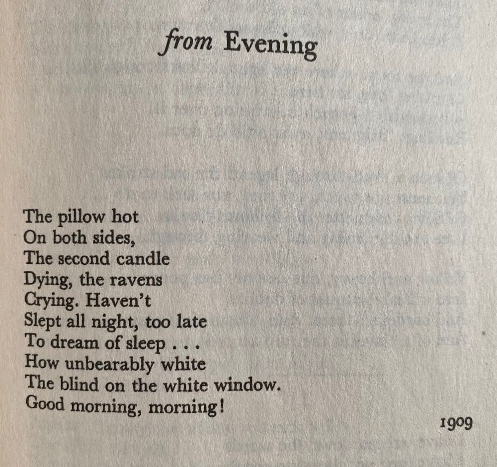 from Evening

The pillow hot 
On both sides,
The second candle
Dying, the ravens 
Crying. Haven't
Slept all night, too late 
To dream of sleep …
How unbearably white
The blind on the white window.
Good morning, morning!