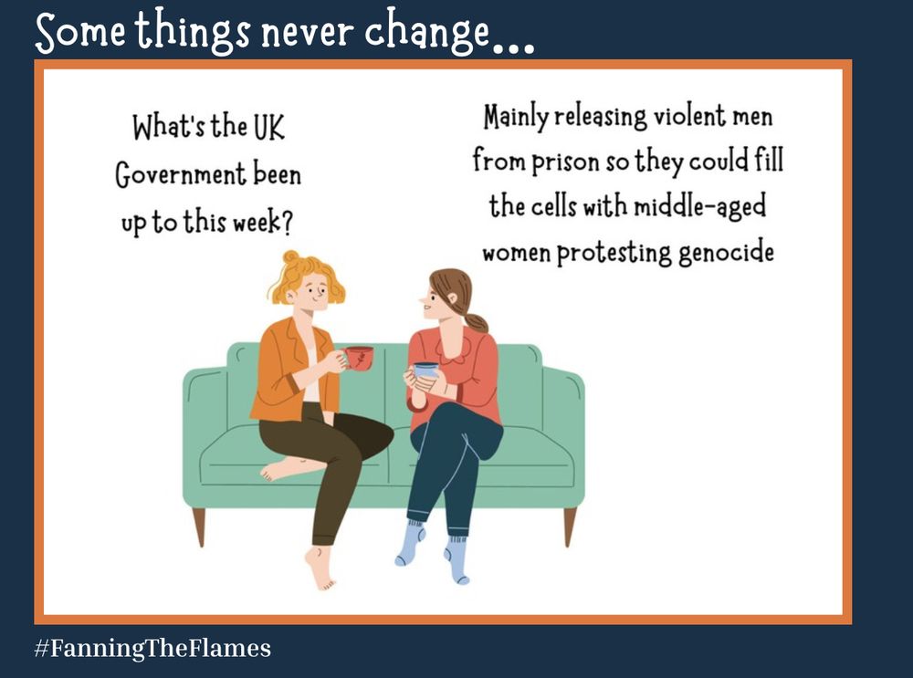 Two women are sitting chatting on a sofa. 

Title - Is this what we voted for..?

The woman on the left is asking “What’s the UK government been up to this week?

The woman on the right is saying - “mainly releasing violent men from prison so they could fill them up again with middle-aged women protesting genocide”

The cartoon maker is #FanningTheFlames