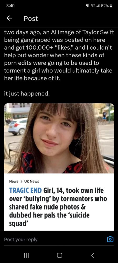 UK headline: Girl, 14, took own life over bullying by tormentors who shared fake nude photos