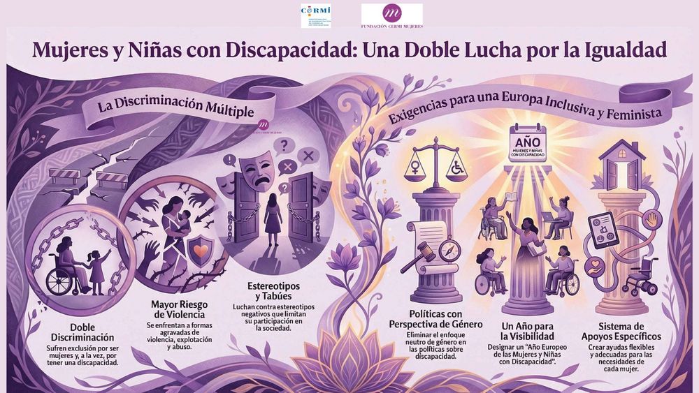 nfografía titulada “Mujeres y Niñas con Discapacidad: Una Doble Lucha por la Igualdad”. El diseño es en tonos morados y muestra escenas ilustradas que representan la discriminación múltiple y las exigencias para una Europa inclusiva y feminista. En la parte superior aparecen los logotipos de CERMI y Fundación CERMI Mujeres.

A la izquierda, bajo el encabezado “La Discriminación Múltiple”, se muestran tres círculos ilustrados:

Doble Discriminación: Silueta de una mujer en silla de ruedas junto a una niña, rodeadas de cadenas y un puente roto, simbolizando exclusión por ser mujeres y por tener discapacidad.

Mayor Riesgo de Violencia: Una mujer abrazando a una niña mientras manos amenazantes las rodean; aparece un escudo con un corazón, representando la exposición a violencia agravada.

Estereotipos y Tabúes: Una mujer frente a puertas cerradas con cadenas y máscaras teatrales tristes y alegres sobre ella, junto con signos de interrogación, simbolizando estereotipos que limitan su participación.

A la derecha, bajo el título “Exigencias para una Europa Inclusiva y Feminista”, se muestran tres pilares ilustrados:

Políticas con Perspectiva de Género: Una balanza que incluye el símbolo de discapacidad, junto a documentos legales y un mazo judicial, representando políticas que integren la perspectiva de género en materia de discapacidad.

Un Año para la Visibilidad: Mujeres con discapacidad leyendo, trabajando y participando en actividades alrededor de un pilar luminoso con un calendario que dice “Año Mujeres y Niñas con Discapacidad”.

Sistema de Apoyos Específicos: Un hogar sobre un pilar conectado a dispositivos de apoyo, representando la necesidad de ayudas flexibles y adaptadas para cada mujer.

La composición está decorada con elementos florales y líneas onduladas que unen las diferentes secciones.
