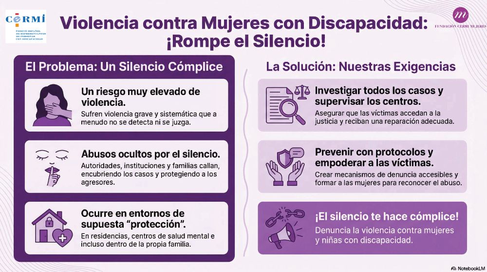  "Infografía titulada ‘Violencia contra Mujeres con Discapacidad: ¡Rompe el Silencio!’.
A la izquierda, bajo el encabezado ‘El Problema: Un Silencio Cómplice’, se presentan tres bloques:
1.	Un icono de una mujer con la mano sobre la boca junto al texto: ‘Un riesgo muy elevado de violencia. Sufren violencia grave y sistemática que a menudo no se detecta ni se juzga’.
2.	Un icono con un dedo sobre los labios y ojos cerrados junto al texto: ‘Abusos ocultos por el silencio. Autoridades, instituciones y familias callan, encubriendo los casos y protegiendo a los agresores’.
3.	Un icono de una casa con un candado y un corazón con una cruz junto al texto: ‘Ocurre en entornos de supuesta “protección”. En residencias, centros de salud mental e incluso dentro de la propia familia’.
A la derecha, bajo el título ‘La Solución: Nuestras Exigencias’, aparecen dos bloques principales:
1.	Un icono de un documento, una lupa y una balanza junto al texto: ‘Investigar todos los casos y supervisar los centros. Asegurar que las víctimas accedan a la justicia y reciban una reparación adecuada’.
2.	Un icono de dos manos abiertas con un escudo junto al texto: ‘Prevenir con protocolos y empoderar a las víctimas. Crear mecanismos de denuncia accesibles y formar a las mujeres para reconocer el abuso’.
En la parte inferior derecha, un megáfono y una cadena rota acompañan el mensaje: ‘¡El silencio te hace cómplice! Denuncia la violencia contra mujeres y niñas con discapacidad’.
En las esquinas superiores aparecen los logotipos del CERMI y de la Fundación CERMI Mujeres."

