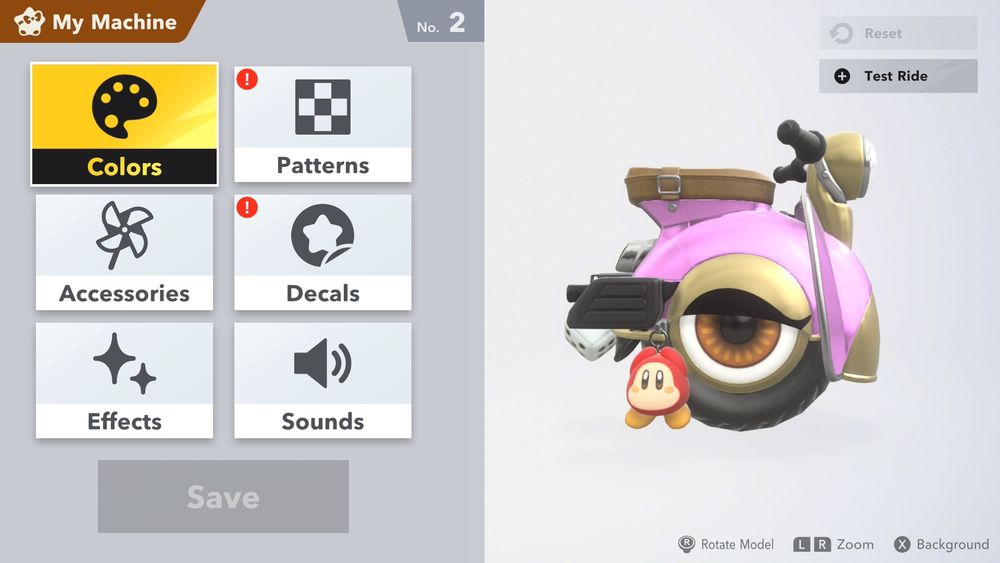 A screenshot of Kirby Air Riders' My Machine mode, where I've customised the Wheelie Scooter to be more feminine. Its green paint has become pink, and it's got a curvy eyelash on both eyes. Two keychains also hang from it, based on Waddle Dee and a fluffy die.