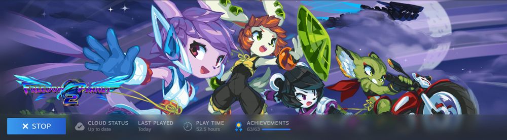 The Steam interface, showing Freedom Planet 2 with 52.5 hours of playtime and all 63 achievements unlocked.
