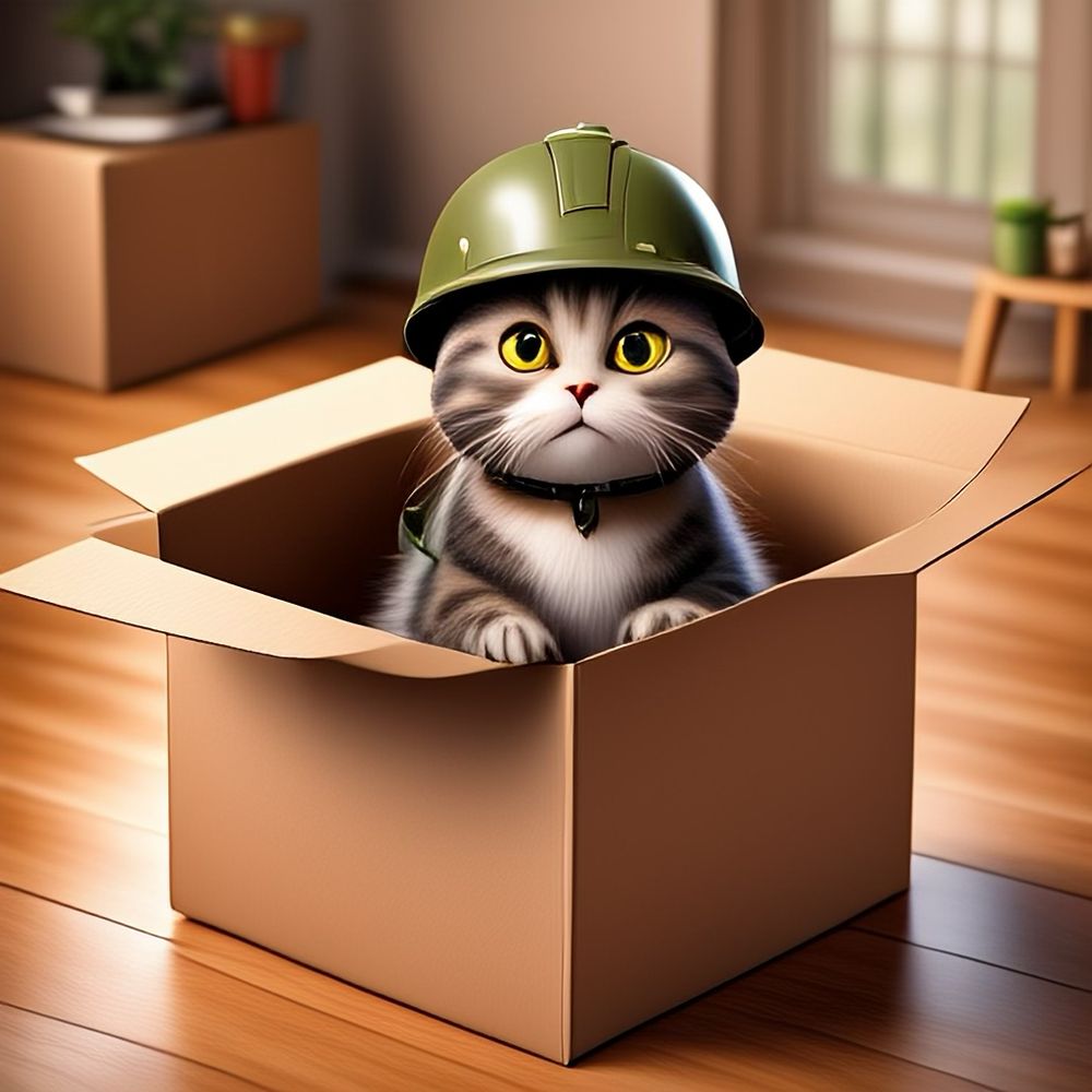 Apple Image Playground created image of our other cat, grey and fluffy, sitting in a box, wearing an army helmet, ready to attack her brother if he dares to cross the border from the living room into her kitchen territory.
