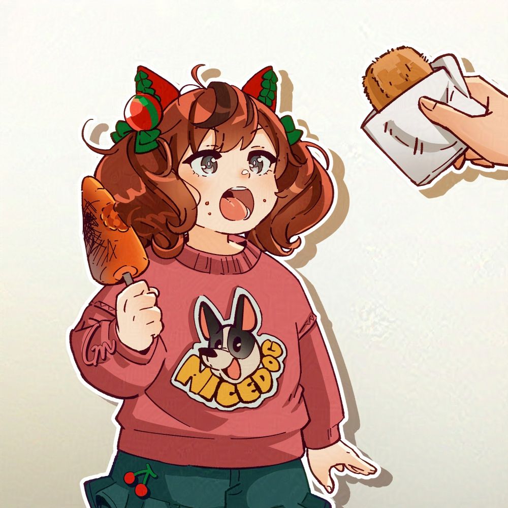 焼きニンジンを食べている子供の頃のナイスネイチャ(ウマ娘)が商店街の誰かさんにコロッケをもらって驚き半、嬉しい半を感じて…いるかもしれない。

상점가의 어른에게 고로케를 받고 기쁨 반 놀람 반을 느끼는 구운 당근을 먹고 있던 어린 시절 나이스 네이쳐(우마무스메).