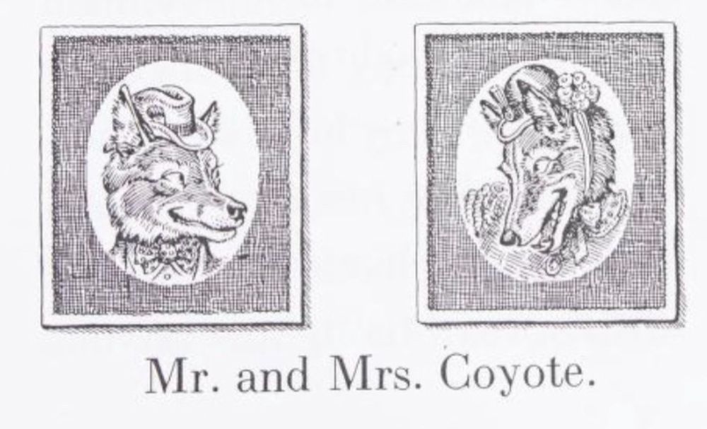 Two framed pictures of a male coyote in men’s clothing typical of the 40’s across from a female coyote dressed in women’s clothing typical of the 40’s.

They are both looking at each other affectionately from their respective portrait. Very cute. 

Art by Wilfrid S. Bronson from his book “Coyotes”.