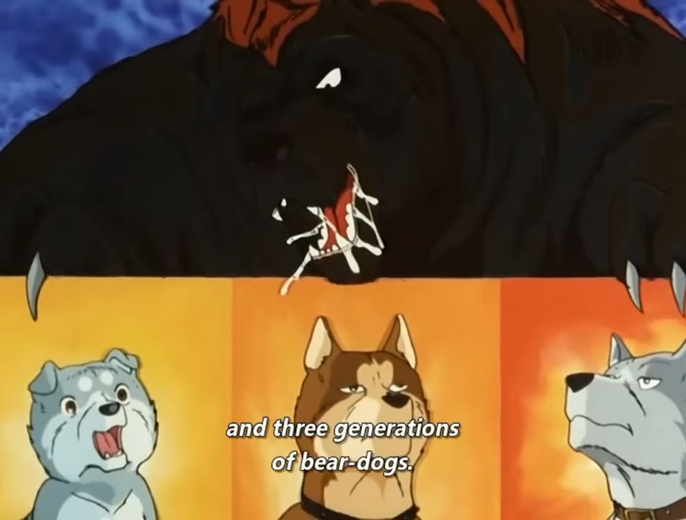 Akakabuto, a giant Japanese brown bear with a mane of red fur, menacingly staring down at portraits of a infant Gin, Riki, and Shiro, the latter two of which he killed previously