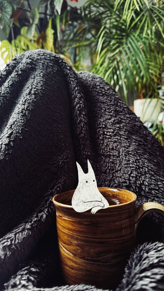 Illustriertes Foto: in einer großen Teetasse sitzt ein gezeichneter Geist mit Hörnchen. Im Hintergrund eine weiche Decke und grüne Pflanzen
