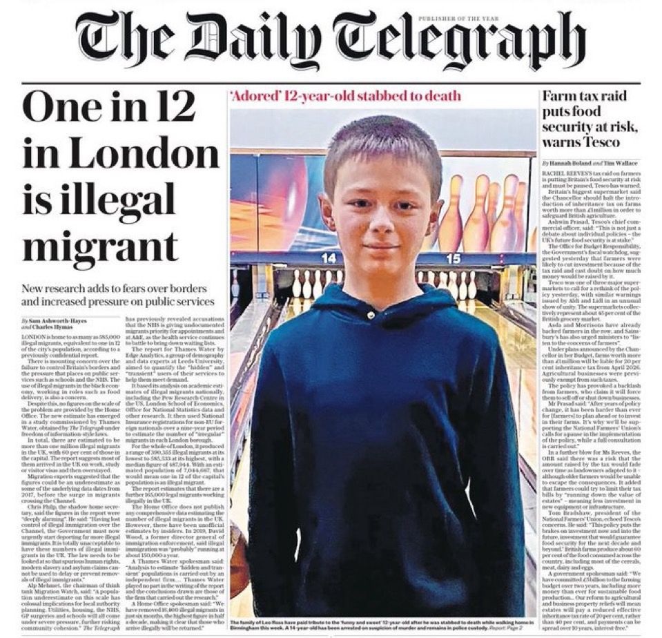 Image shows Telegraph headline falsely claiming 1 in 12 ppl in london are illegal migrants 