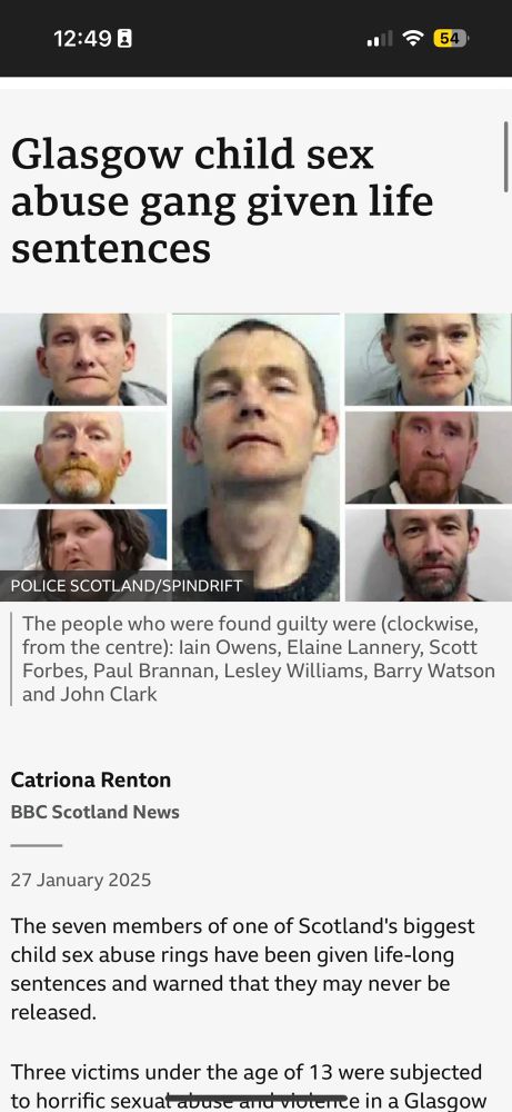 Image is screenshot of BBC report on prolific Glaswegian paedophile gang who did horrendous things to children, and were all white 