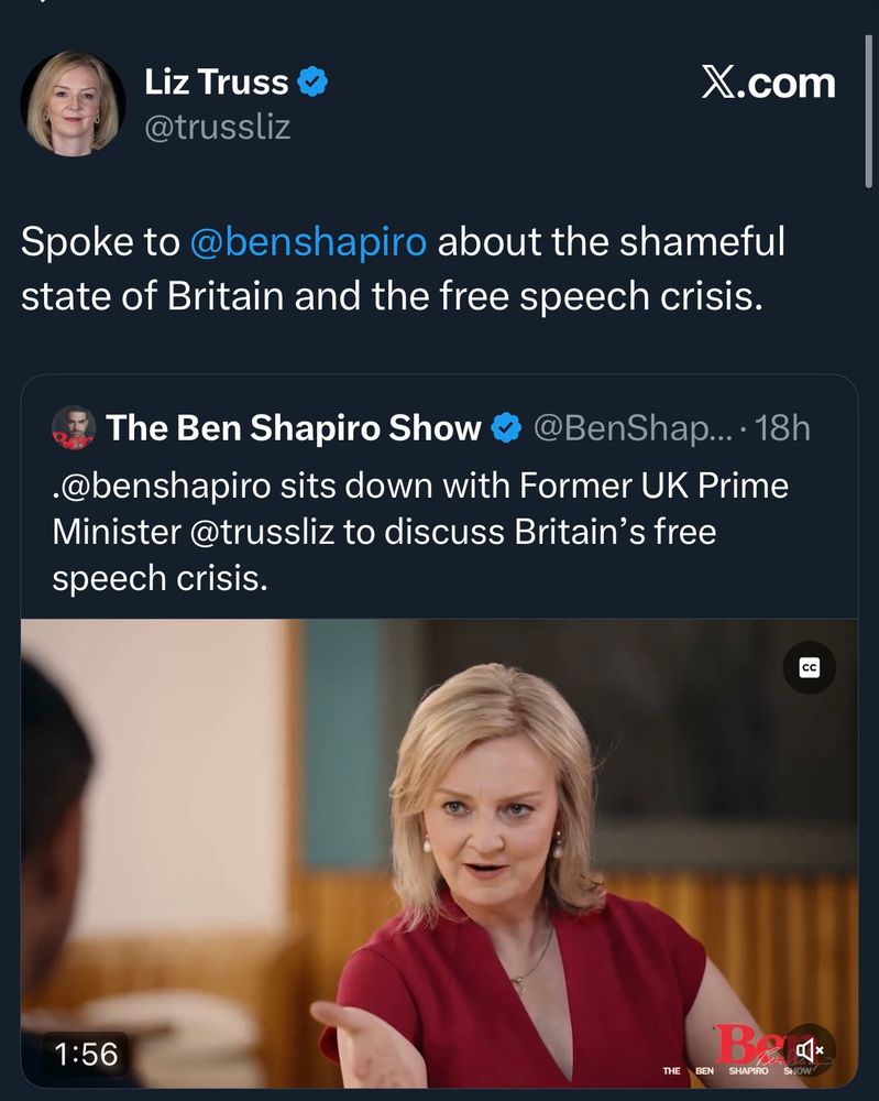 Liz truss, post a self-love interview during which she says there’s no free speech, as she speaks freely that is how thick she is