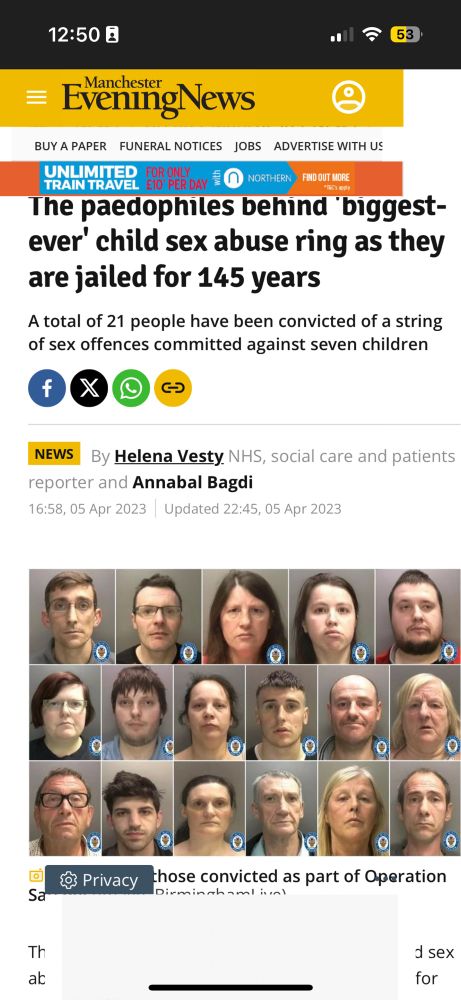 Image is screenshot of headline by Manchester Post from 2023 about UK’s largest paedophile gang sentenced to prison for 145 years, all of whom are White