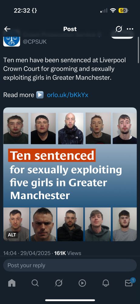 Image is CPS post on X yesterday, announcing the prosecution and imprisonment of 10 strong white paedophile gang
