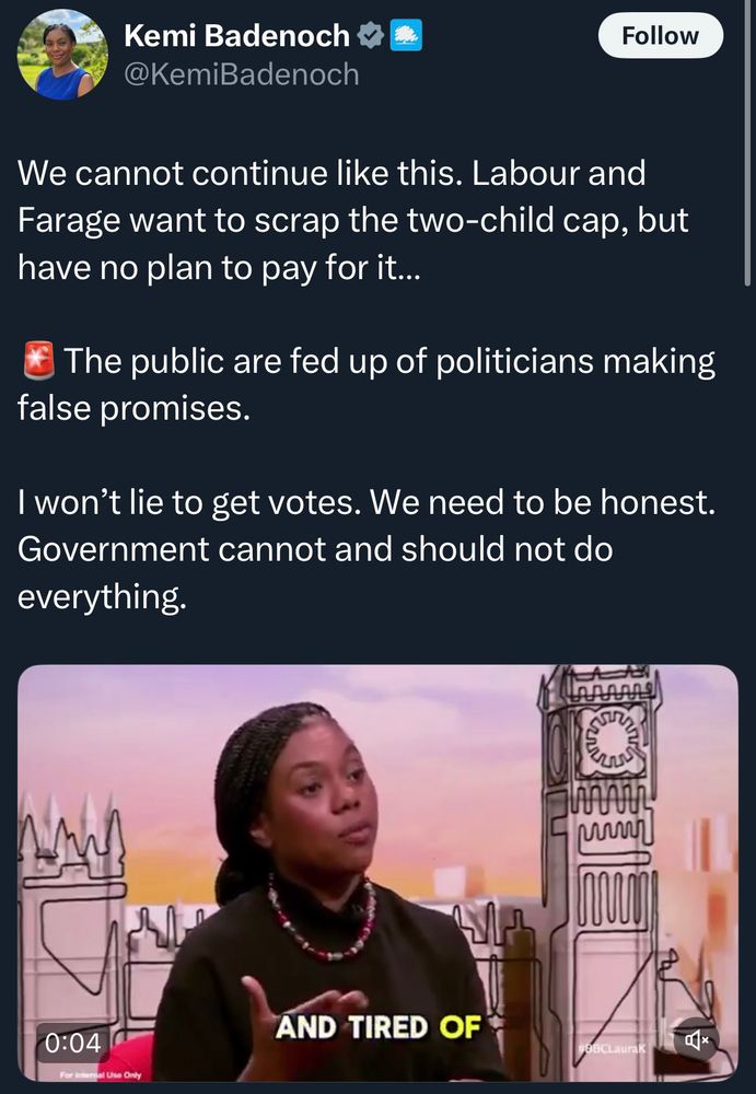 Images a screenshot of a post by Kemi Badenoch on X launch again to the government, calling them dishonest, and including the quote in my post