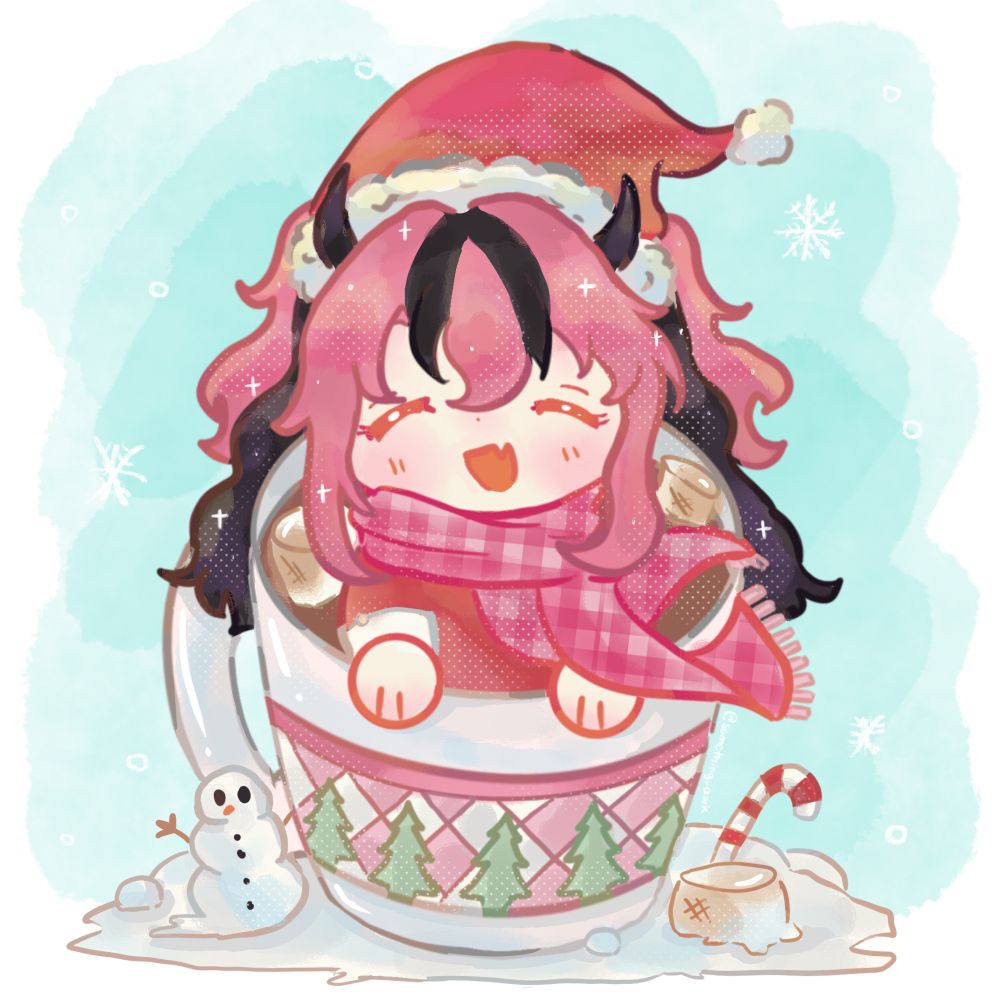 Maria-tina ready for the holiday season with a red shirt,pink checkered scarf and red Christmas hat. She is sitting inside a cup of hot cocoa with marshmallows and there is a snowman and candy cane in the snow under the cup. 