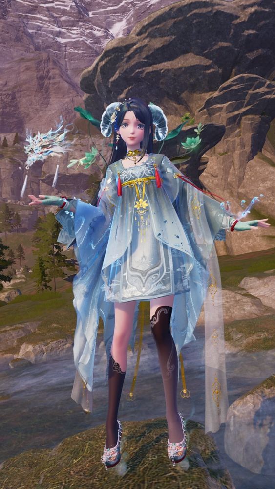 A photo from Infinity Nikki. She's standing on a rock surrounded by water and stone pillars behind her. She's wearing a Chinese inspired outfit, the color pallet is pale teal greens, white, gold yellow, pale blues and black with touches of red. The dress is short and flowy with big sleeves. Her hair is straight long black, she has rams horns on her head in pale teal green (it's all I have until I can pull some dragon horns). Floating above her left hand is a Eastern style dragon in similar colors to her outfit, and behind her is her Eureka of green lilly pads. Around her wrists is floating droplets of blue water.