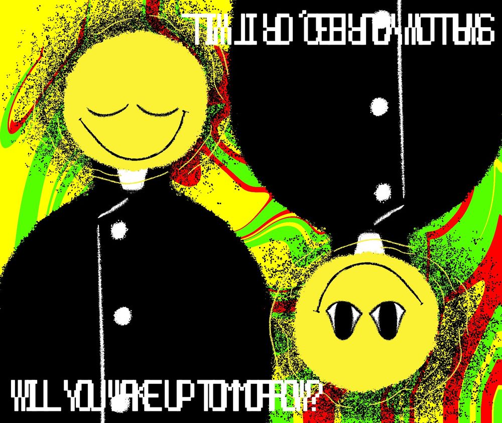 A digital drawing of the character Dozer from the Roblox game, Grace. Here, Dozer is drawn as a humanoid priest entity. There is two Dozer in this image, one has its eyes closed and another has their eyes open ‐ both of them are opposite of one another with the opened eyed one being flipped to fit into the image frame. A text is displayed on both of them; one is read "Will you wake up tomorrow?" - a line ripped from the Dozer's jumpscare screen, and another, "Swallow your ego, or it will", a dialogue that originated from the Dozer's badge. In the background are swirling colors of red, green and yellow.