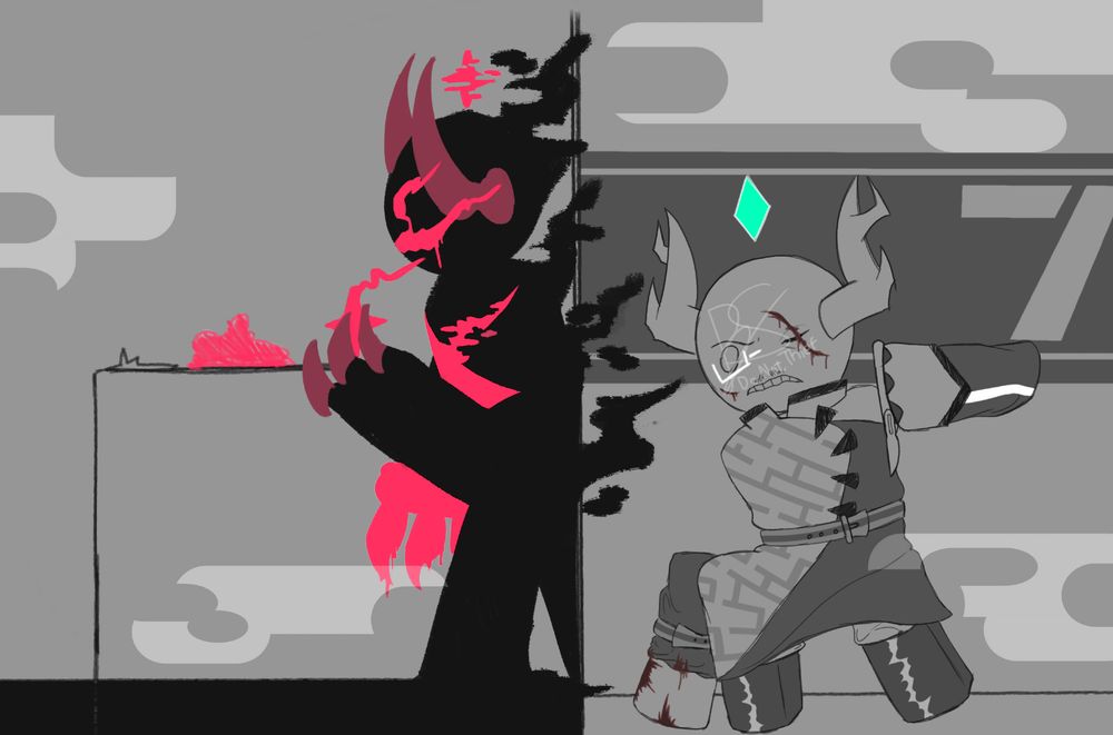 A fanart of a Roblox Game called Phighting. In this image, the character Medkit - or rather the younger version of Medkit - is hiding behind a wall, with his left eye bleeding from a laceration wound. Medkit's right hand is also injured from an explosive source. His left hand is holding a scalpel, in a position to stab. Behind the wall is a shadowy figure of Subspace, but his appearance have became more akin to that of a demonic monster - with heavy pink smoke and a foggy appearance. His hand is holding a crystal, while his right has been morphed into a pink claw, similar to the crystals.