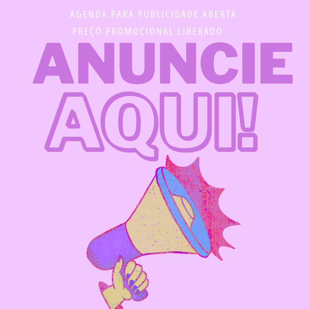 Peça de publicidade, imagem meramente ilustrativa de uma mão segurando um megafone colorido. Frase acima da ilustração: ANUNCIE AQUI!