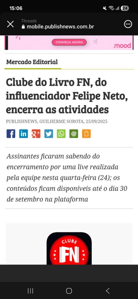 Manchete do publish news, Clube do livro do influenciador Felipe Neto encerra as atividades.