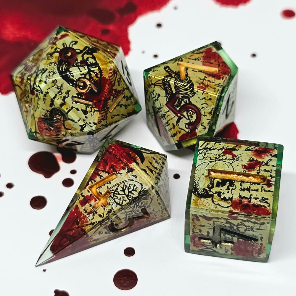 Another photograph of the commissioned dice set "Heretic Ritual". This photo is of the D20, D10, D4 and D6.