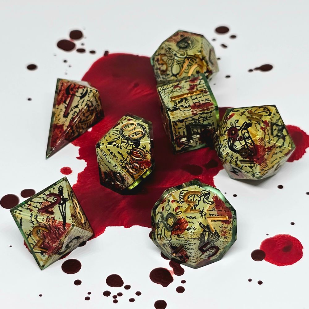 Another photograph of the commissioned dice set "Heretic Ritual". This photo is of the entire set.