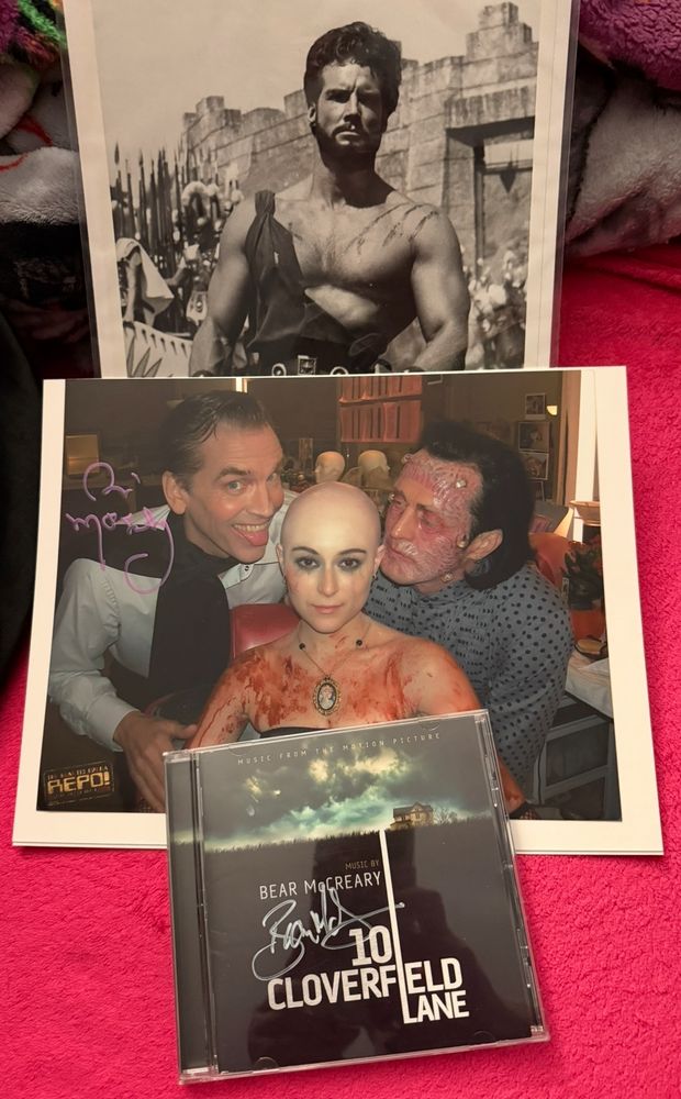 Signed picture of Steve Reeves to Del & Sue. 
Bill Moseley signed picture from Repo The Genetic Opera with Ogre and Alexa Vega. 
Bear McCreary signed soundtrack of 10 Cloverfield Lane.  