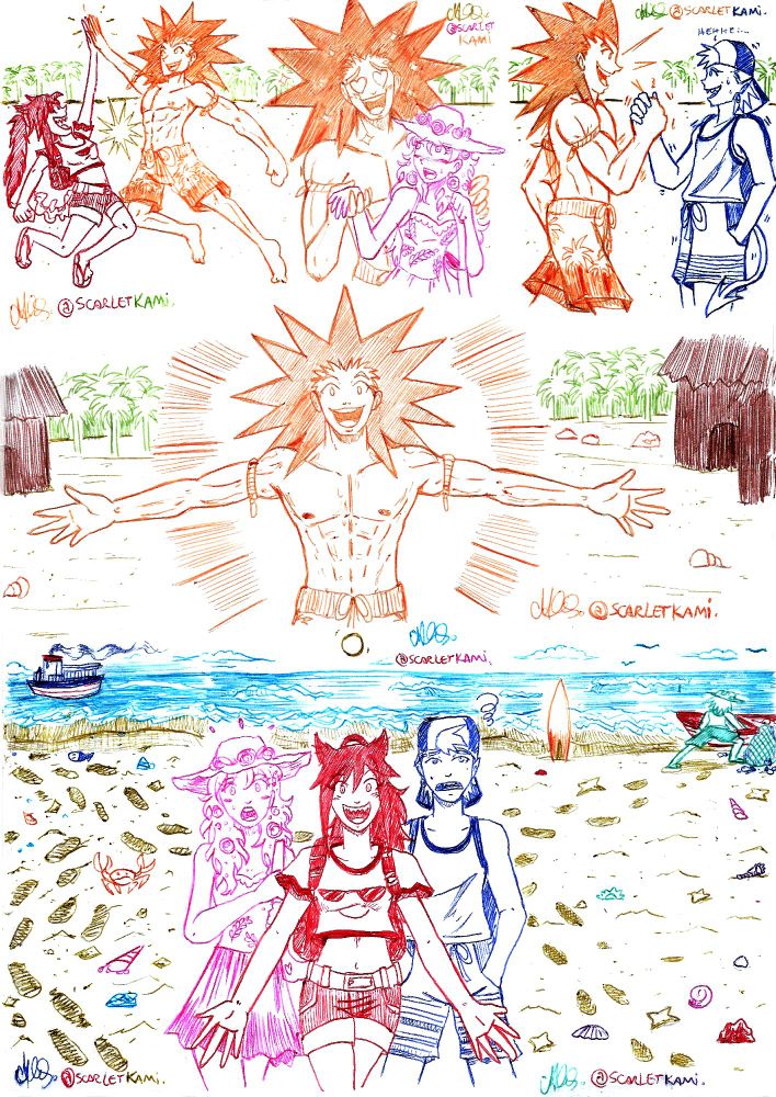 SINOPSE DA FOLHA: Scarlet, Rose e Zuri, finalmente desembarcam na Ilha da Cruzada Radiante, caminham até o ponto de encontro e finalmente encontram o amigo que os convidou através da carta: Luk. Um rapaz alto com corpo forte, alto-astral, cujas pontas do cabelo lembram um Sol. Ele abraça a todos e cumprimenta os seus amigos convidados de forma pessoal, um por um. Ao mesmo tempo, observamos os seres e os elementos da paisagem da ilha. 

Feitos com caneta esferográfica nas cores: vermelha, azul, azul turquesa, rosa, laranja, verde, violeta e marrom sobre papel tamanho A4.