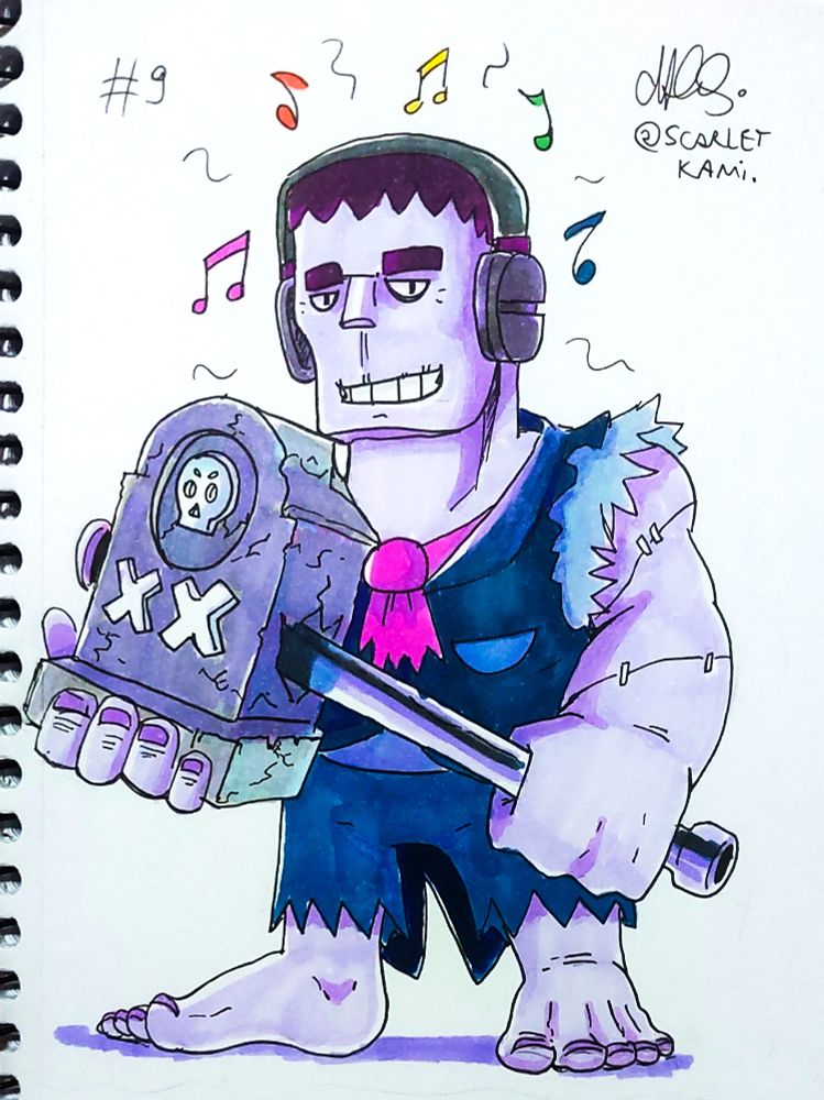 O nono dia com o tema Heavy / Pesado, fiz o Frank!! 

Frank é um ser gigante que trabalha em um necrotério pela manhã e como DJ pela noite. Ele sempre vive munido do seu martelo de lápide, pois se alguém lhe irritar, tomará uma martelada pesada daquelas!!! 

Feito com caneta preta 0.3 e colorido com marcadores de álcool sobre uma parte da folha do Sketchbook A4.