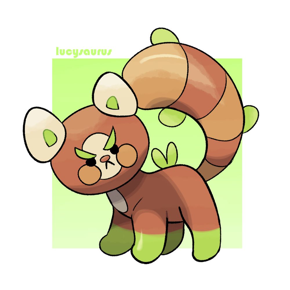 A small brown Pokémon that is vaguely similar to red pandas. It has an angry face and leaves sprouting out of its back and tail.