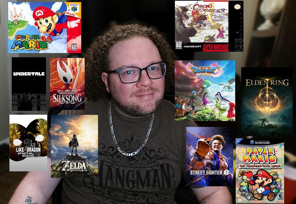 A picture of Josh is is so handsome plus the covers for Super Mario 64, Paper Mario The Thousand Year Door, Elden Ring, Street Fighter 6, Legend of Zelda: Breath of the Wild, Like a Dragon: Infinite Wealth, Hollow Knight: Silksong, Undertale, and Chrono Trigger